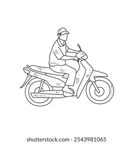 Sketch drawing of the people using motorcycle go to work with white background. Land transportation design in simple sketch style. Black and white vehicle design concept vector illustration.