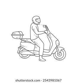 Sketch drawing of the people using motorcycle go to work with white background. Land transportation design in simple sketch style. Black and white vehicle design concept vector illustration.