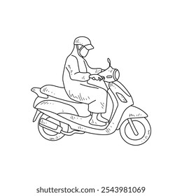 Sketch drawing of the people using motorcycle go to work with white background. Land transportation design in simple sketch style. Black and white vehicle design concept vector illustration.