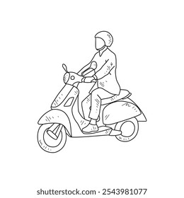 Sketch drawing of the people using motorcycle go to work with white background. Land transportation design in simple sketch style. Black and white vehicle design concept vector illustration.