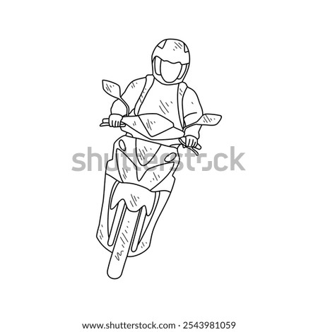 Sketch drawing of the people using motorcycle go to work with white background. Land transportation design in simple sketch style. Black and white vehicle design concept vector illustration.
