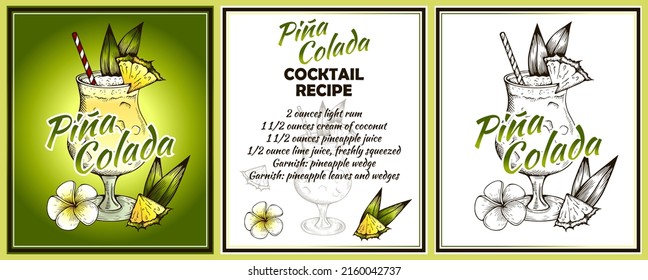 Sketch drawing Pina Colada cocktail recipe on white and green background. Hand drawn alcohol drink with pineapple, coconut cream, rum, lime juice, tropical flower. Summer bar menu. Vector illustration