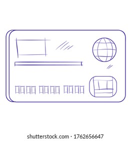 sketch drawing of a plastic bank card to pay for purchases on the Internet and in the store, cartoon illustration, isolated object on a white background, vector illustration, eps