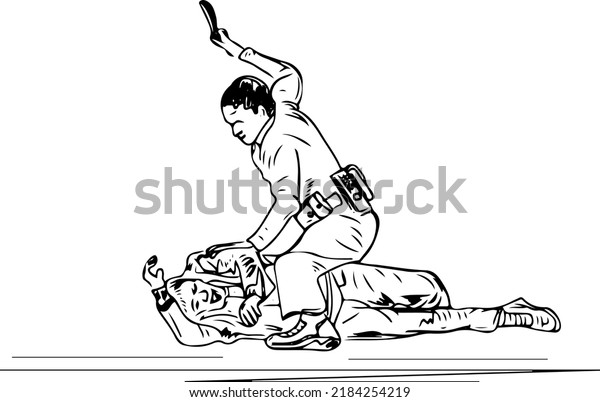 Sketch\
drawing of police officer beating protesters, Line art illustration\
of fight between police officer and\
protesters