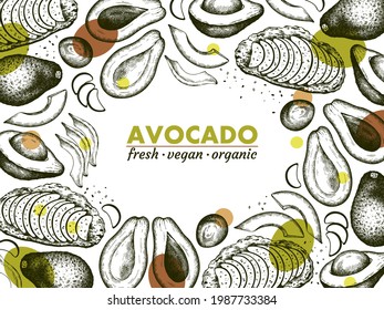 Sketch drawing poster of avocado, outline avocado toast, sliced, avocado seed with colorful round stain isolated on white background. Line art vegan organic food, fresh fruit. Vector illustration.