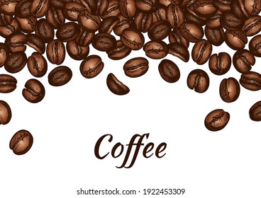 Sketch Drawing Poster With Brown Roasted Coffee Bean Isolated On White Background. Organic Coffee Grounds. Wallpaper, Card, Template, Caffeine, Aroma Seed. Vector Illustration.
