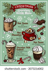 Cartel de dibujo del menú de bebidas de chocolate de Navidad. Cóctel de cacao caliente y colorido aislado de fondo azul. Cacao, crema batida, malvavisco, caramelo, copos de nieve. Ilustración del vector 