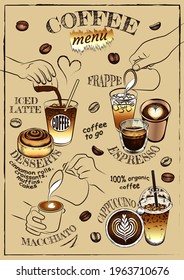 Sketch drawing poster of coffee menu, line art coffee cup, barista, roasted coffee beans. iced drink. Food template, cafe, bakery. Outline espresso, latte art, macchiato, desserts. Vector illustration