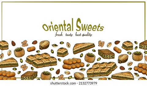 Sketch drawing poster of colorful oriental sweets isolated on white background. Istanbul dessert. Hand drawn Turkish pistachios baklava banner for food menu. Arabian bakery card. Vector illustration.