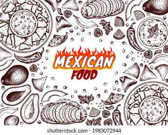 Sketch Drawing Poster Of Mexican Food With Line Art Guacamole, Nachos, Avocado, Chili Pepper, Corn Chips, Lemon, Avocado Toast Isolated On White Background. Vegan Snack Template. Vector Illustration.