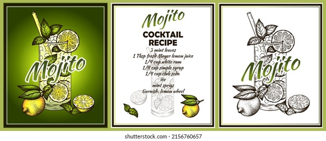 Sketch drawing poster of Mojito cocktail in glass with a slice of lemon and mint leaf on green and white background. Engraved alcohol drink. Bar menu. Beverage, cocktail recipe. Vector illustration.