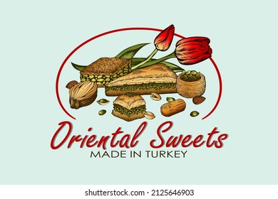 Sketch drawing poster of oriental sweets logo with red tulips isolated on blue background. Hand drawn Turkish baklava, card design, pistachios, tulumba, almond, Istanbul Bazaar. Vector illustration.