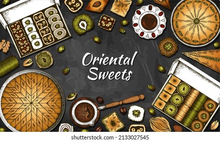 Sketch drawing poster of Oriental Sweets isolated on blackboard. Line art drawn Turkish delight, coffee, black tea, baklava, tulumba, arabian pistachio dessert, asian sweet food. Vector illustration.