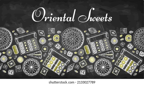 Sketch drawing poster of Oriental Sweets isolated on blackboard. Line art drawn Turkish delight, coffee, black tea, baklava, tulumba, arabian pistachio dessert, asian sweet food. Vector illustration.