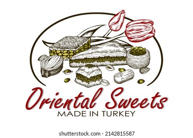 Cartel de dibujo del logo de caramelos orientales con tulipanes rojos aislados en fondo blanco. Línea de arte: baklava turca, postre de Estambul dibujado, miel, pistachos, tulumba, almendras. Ilustración vectorial.