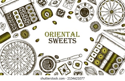 Sketch drawing poster of pistachio Oriental Sweets isolated on white background. Engraved Turkish delight, coffee, black tea, baklava, tulumba, arabian dessert, asian sweet food. Vector illustration.