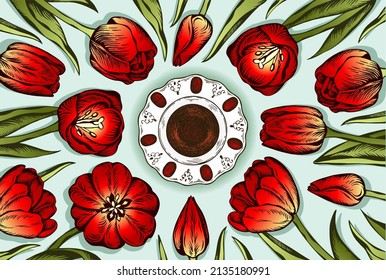 Sketch drawing red tulips with green leaves and cup of Turkish tea or coffee isolated on blue background. Outline arabian hot drink in glass, traditional Turkey flowers. Vintage vector illustration.