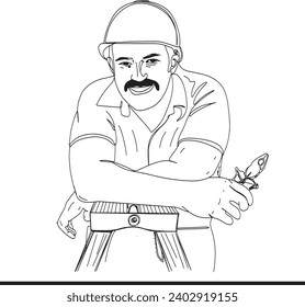 Sketch drawing of repairman with tools vector illustration, Cartoon illustration of technical service mechanic character, repairman carrying tools 