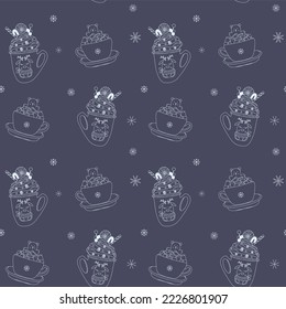 Sketch drawing seamless pattern of cup hot chocolate with marshmallow and gingerbread. Doodle repeat print for fabric, textile, wrapping paper, wallpaper, menu.