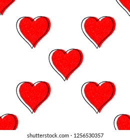Sketch drawing seamless pattern with red heart sign with black line contour. This design graphic element is saved as a vector illustration in the EPS file format