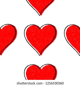 Sketch drawing seamless pattern with red heart sign with black line contour. This design graphic element is saved as a vector illustration in the EPS file format