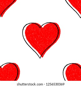 Sketch drawing seamless pattern with red heart sign with black line contour. This design graphic element is saved as a vector illustration in the EPS file format