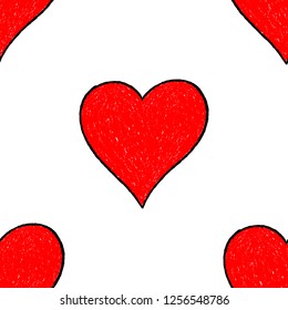 Sketch drawing seamless pattern with red heart sign with contour. This design graphic element is saved as a vector illustration in the EPS file format