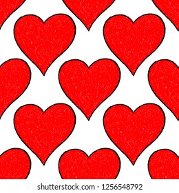 Sketch drawing seamless pattern with red heart sign with contour. This design graphic element is saved as a vector illustration in the EPS file format