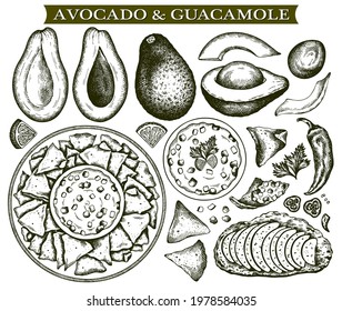 Esbozo conjunto de aguacate, nachos y guacamole aislados en fondo blanco. Arte de la línea comida mexicana, bocadillos veganos, pimienta chile, tostadas aguacate. Vocado travieso a mano, menú. Ilustración del vector