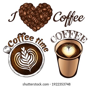 Sketch drawing set of coffee logo isolated on white background. Roasted coffee beans in heart shape, cup of cappuccino, mug of latte, to go, coffee time, I love coffee. Vector illustration