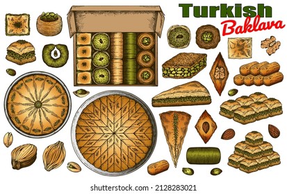 Sketch drawing set of colorful Turkish baklava with pistachio isolated on white background. Engraved baked dessert, tulumba, walnut,Istanbul, cafe menu . Box with oriental sweets. Vector illustration.