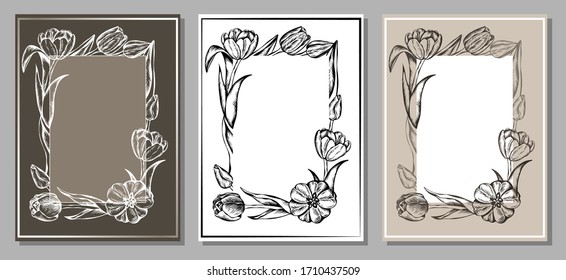Sketch drawing set of frame with graphic vintage tulip flowers. Retro card, flyer, invitation, border. Engraving, line art Spring tulips. Turkish, Netherlands flower. Vector illustration.