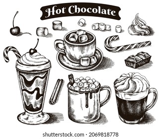 Sketch drawing set of hot chocolate drinks with marshmallow, whipped cream and cinnamon isolated on white background. Hand drawn cocoa, Christmas, mug, cup, winter, cherry, candy. Vector illustration.