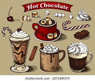 Sketch drawing set of hot chocolate drinks with marshmallow, whipped cream, candy cane, cinnamon. Outline cherry, red cup, hand drawn mug, cocoa. Shadow editable. Christmas drink. Vector illustration.