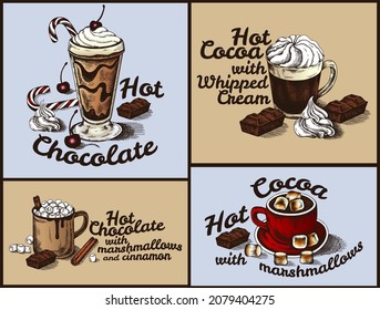 Sketch drawing set of logo of hot chocolate with marshmallows, whipped cream, cinnamon, candy, cherry on blue and brown background. Engraving winter drinks, Christmas, hot cocoa. Vector illustration.