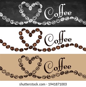 Zeichensatz auf der Skizze mit braunen Kaffeebohnen in Herzform einzeln auf weißem Hintergrund. Kaffeekoteletts der Linie auf Tafel. Vorlage für Café, Menü, Bäckerei, Bar. Vektorgrafik. Text