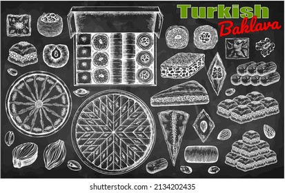 Sketch Drawing Set Of Turkish Baklava Isolated On Blackboard. Chalk Drawn Sweet Food, Oriental Dessert, Turkish Delight, Pistachio Nuts, Almond, Sugar Syrup, Walnut, Honey, Bakery. Vector Illustration