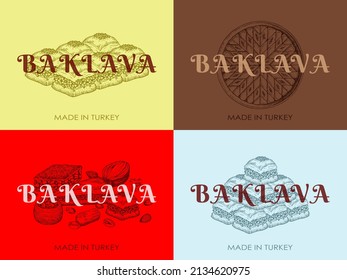 Sketch drawing set of Turkish baklava logo isolated on colorful background. Hand drawn oriental sweets icons. Arabian desserts, nuts, honey, asian snack. Engraved food packaging. Vector illustration.