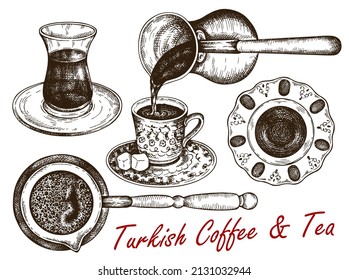Sketch drawing set of Turkish tea and coffee in glass cup isolated on white background. Engraved drawing traditional Turkish hot drink, turk cup of coffee, turkish delight. Vintage vector illustration svg