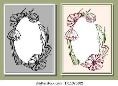 Sketch drawing set of vintage card with tulip flowers. Floral,retro background. Holland, Netherlands, turkish flower. Engraving tulips. Poster, frame, border. Floral vector illustration.