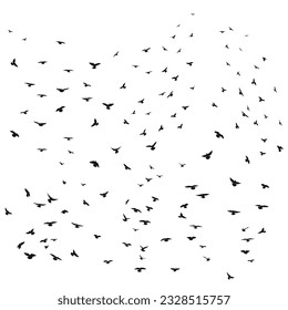 Sketch drawing of a silhouette of a flock of birds flying forward, cling together. Takeoff, flying, flight, flutter, hover, soaring, landing