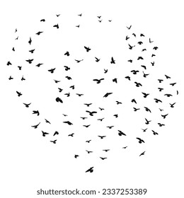 Sketch drawing of a silhouette of a flock of birds flying forward, cling together. Takeoff, flying, flight, flutter, hover, soaring, landing