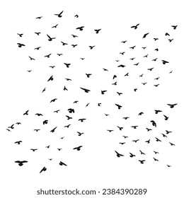 Sketch drawing of a silhouette of a flock of birds flying forward. Takeoff, flying, flight, flutter, hover, soaring, landing