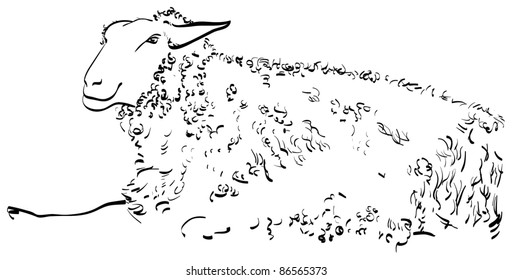 Sketch, drawing of a smiling sheep, with used an artistic calligraphic brush.