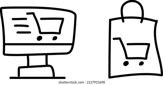 Sketch drawing style web shop icon vector illustration. Shopping cart on computer screen and on a shopping bag beside.