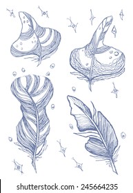A sketch drawing of stylized feathers and stars