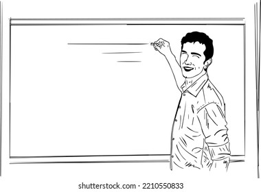 Sketch drawing of teacher writing with chalk on blackboard, Traditional teacher teaching on chalkboard outline vector illustration, Cartoon doodle of teacher in class