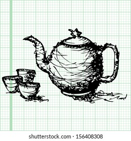 sketch drawing of  teapot with cup  graph paper vector 