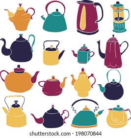  sketch drawing teapots, vector illustration