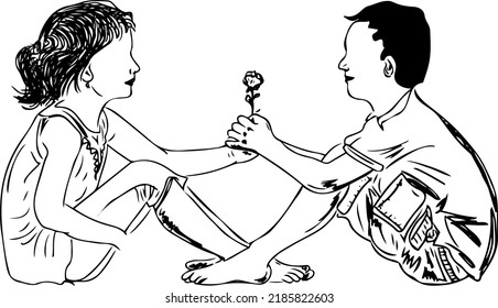 Sketch drawing of teenage boy and girl in lying pose, Line art Illustration of Teenage boy giving flower to his girl friend in love, Silhouette of young boy and girl in love pose, teenage young couple